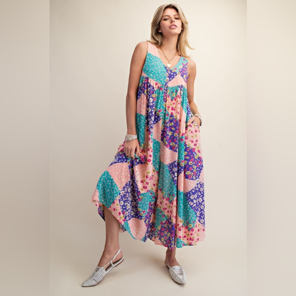 #91 Easel Firm🌸 Patchwork Floral Jumpsuit in Pink, Teal & Purple